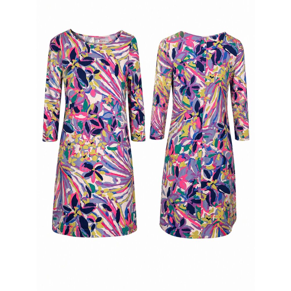 Lilly Pulitzer Bright Floral Shift Dress 3/4 Sleeve Pima Cotton Size XS